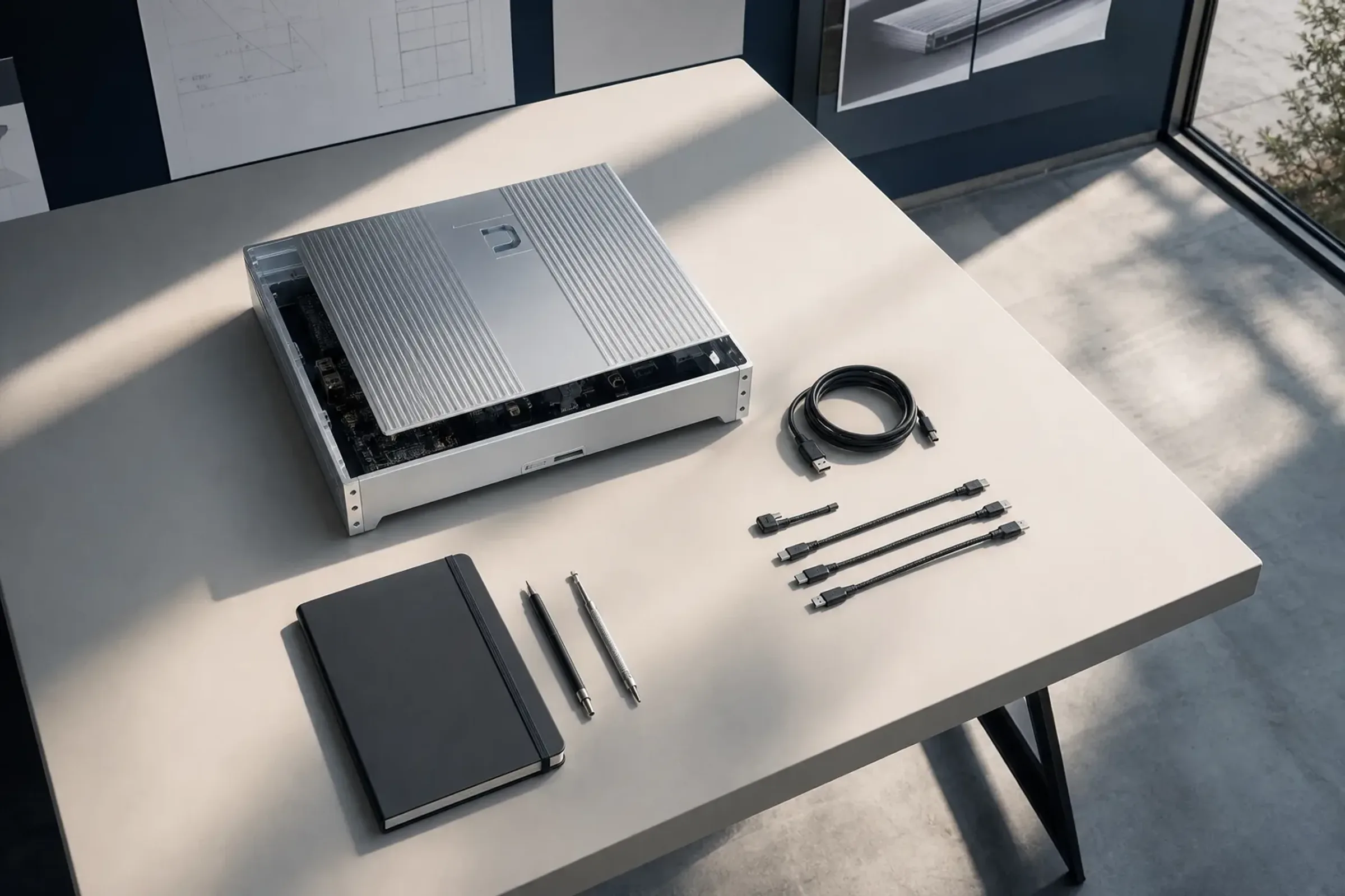 A modern work table from above: a half-open aluminium case, neatly arranged cables, a black notebook